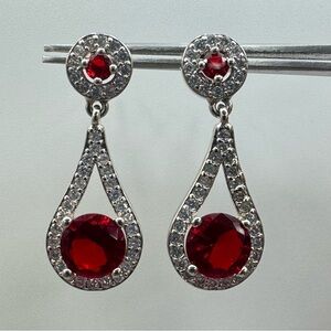Silver Plated Red Crystal Teardrop Earrings Pavé Halo Drop